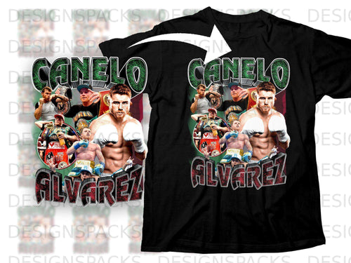 Black t-shirt with Canelo Alvarez's image, championships, and 