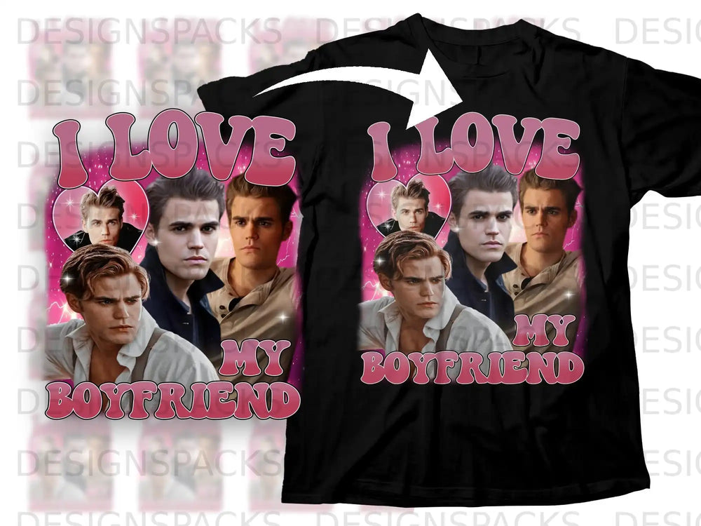 Black t-shirt with "I LOVE MY BOYFRIEND" and collage of four portraits.