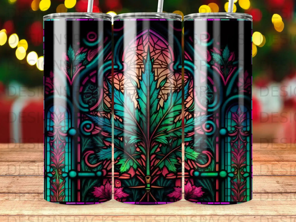 Stained glass design with a large cannabis leaf and festive bokeh lights.