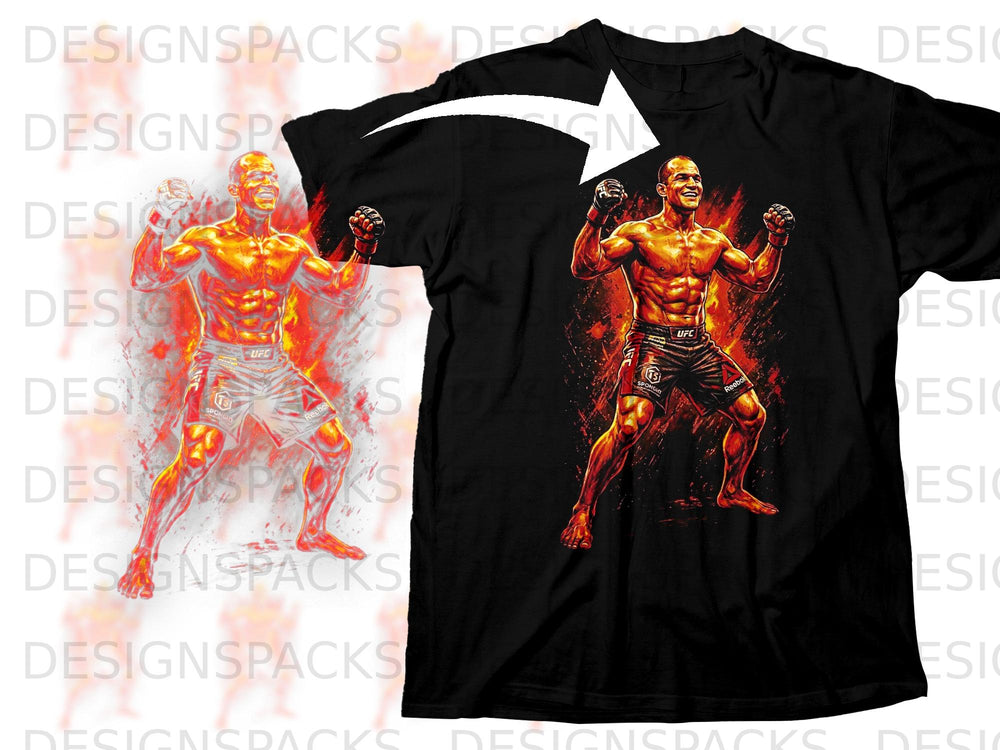 Black t-shirt with graphic of a muscular fighter surrounded by fire.