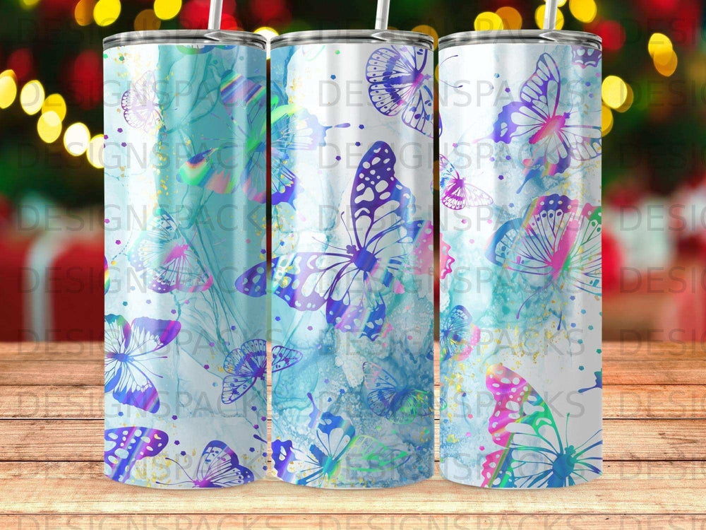 Blue and purple watercolor background with delicate butterflies and "DESIGNS PACKS" text.