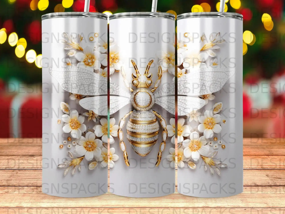 White and gold bee surrounded by small white flowers on a tumbler.