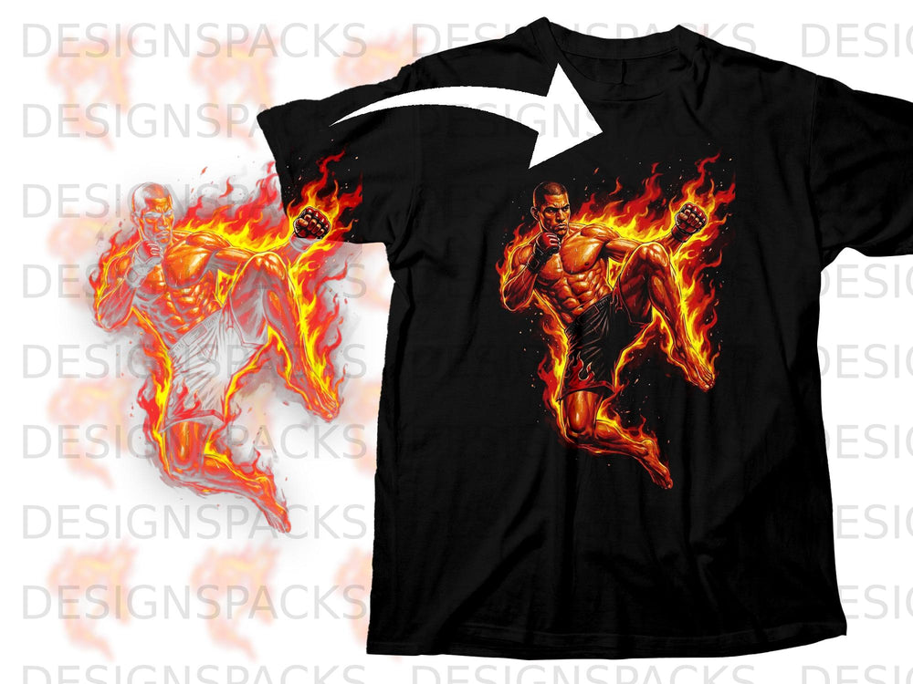 Black t-shirt featuring a martial artist engulfed in flames.