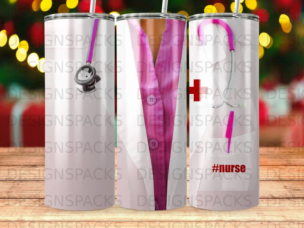 Tumbler with nurse scrubs and stethoscope design, "nurse" text.