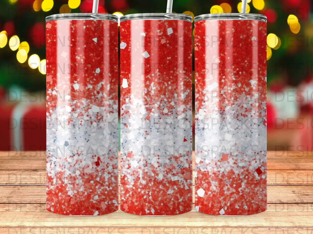 Red, white, and silver glitter pattern on three tumblers.