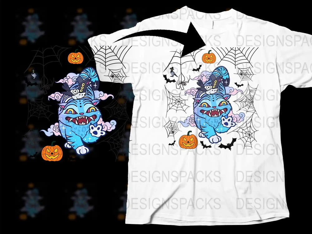 Spooky Halloween T-Shirt with Cartoon Monsters and Pumpkins, Kids and Adults Sizes