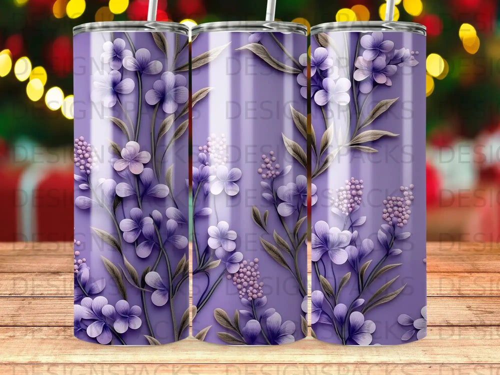 Purple floral design on a white tumbler with metallic accents.