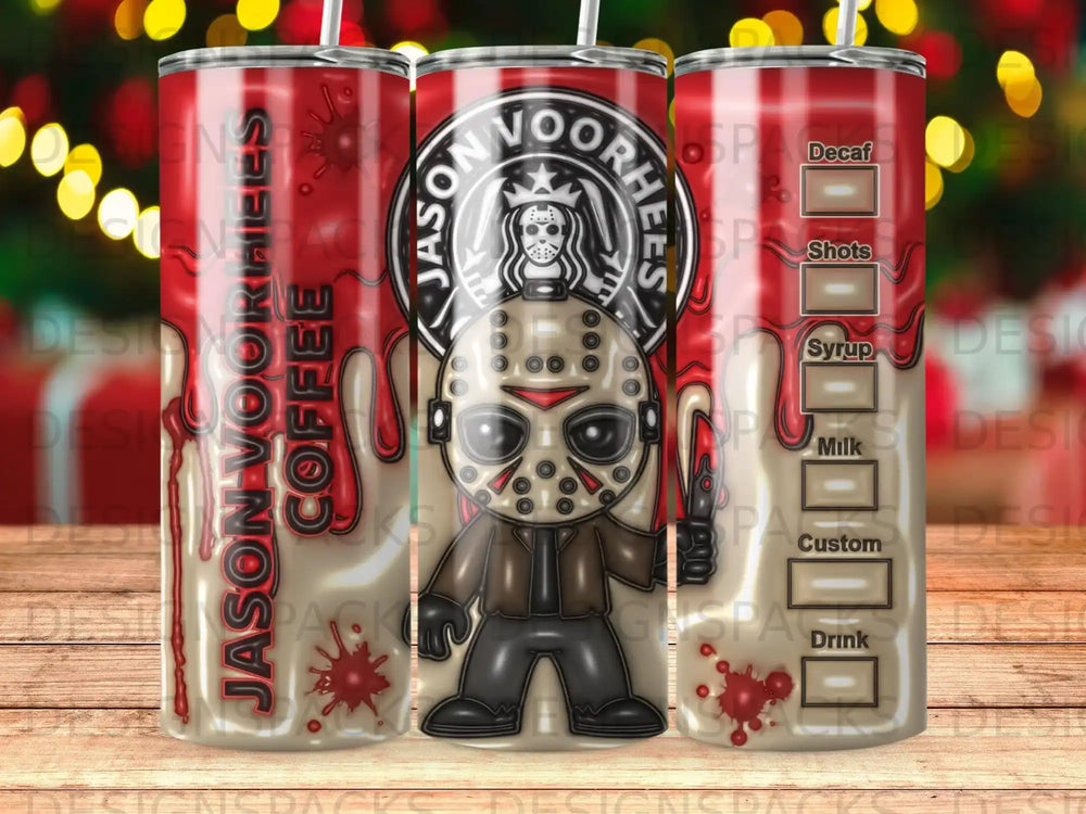 Jason Voorhees coffee tumbler with menu options for drinks.