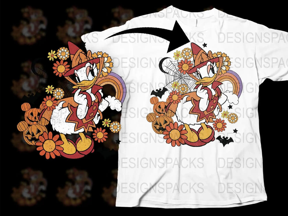 Daisy Duck Floral T-Shirt, Vintage Cartoon Character Tee, Women's White Graphic Shirt with Flowers and Leaves, Casual Wear