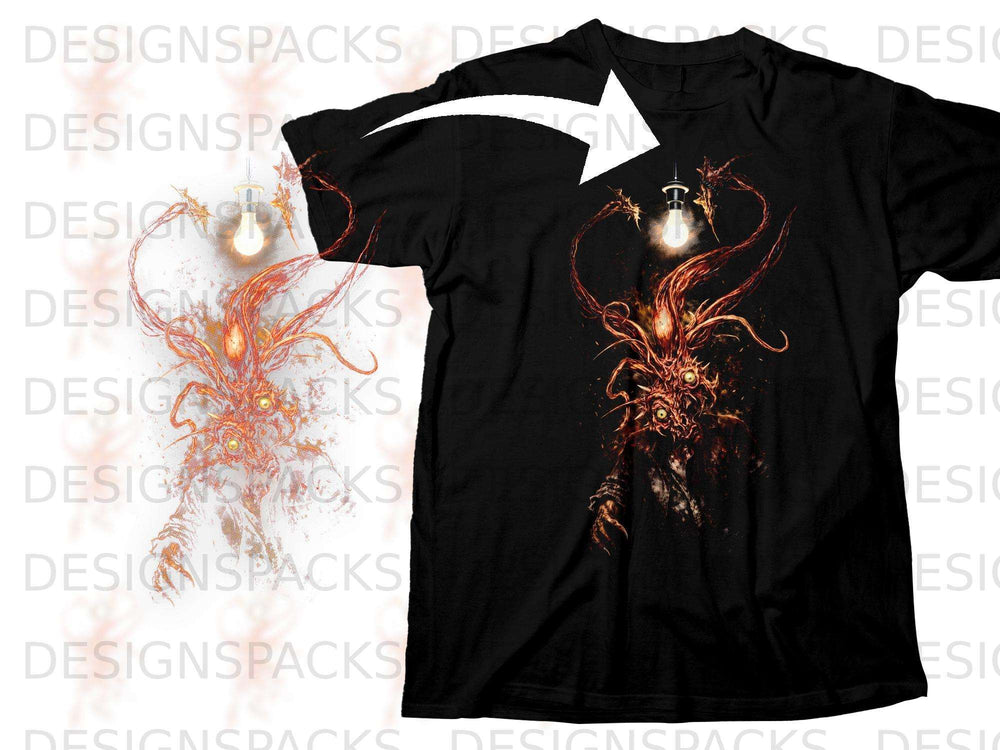 Black t-shirt with a graphic of a monstrous, tentacled creature under a lit bulb.