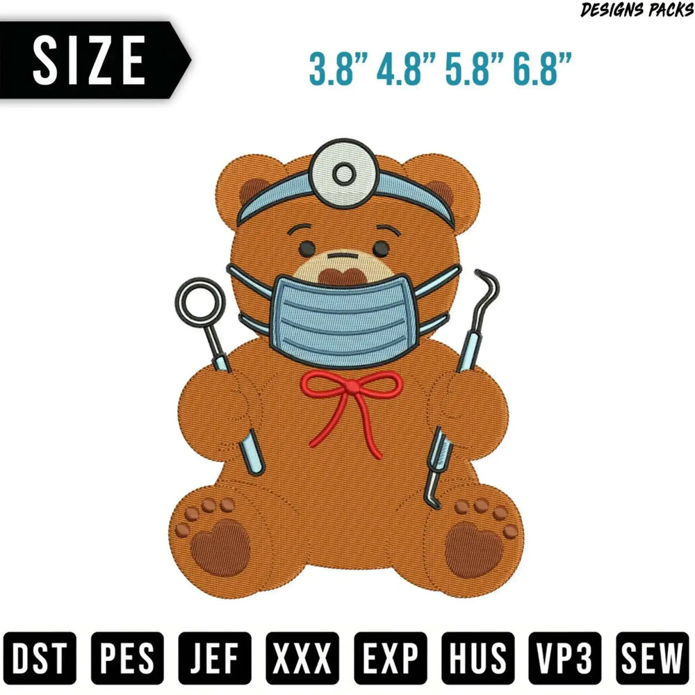 Teddy bear wearing a dentist's mask and holding dental tools.