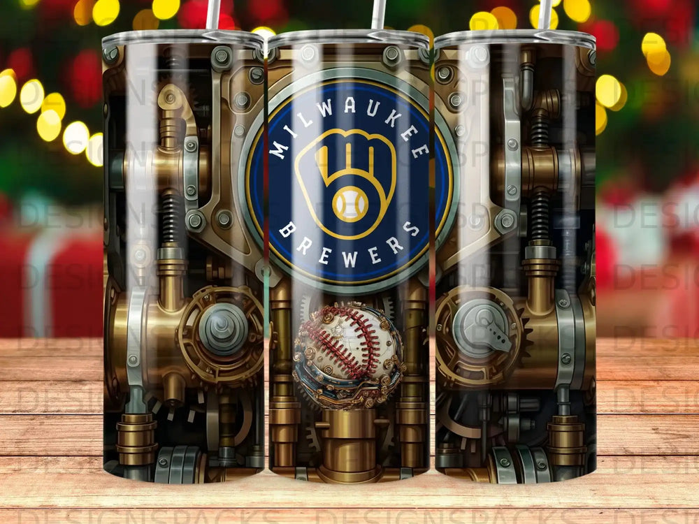 Milwaukee Brewers baseball tumbler with steampunk gears and baseball design.