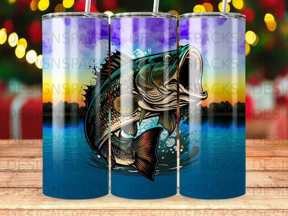Large bass fish leaping from water with colorful sunset background.