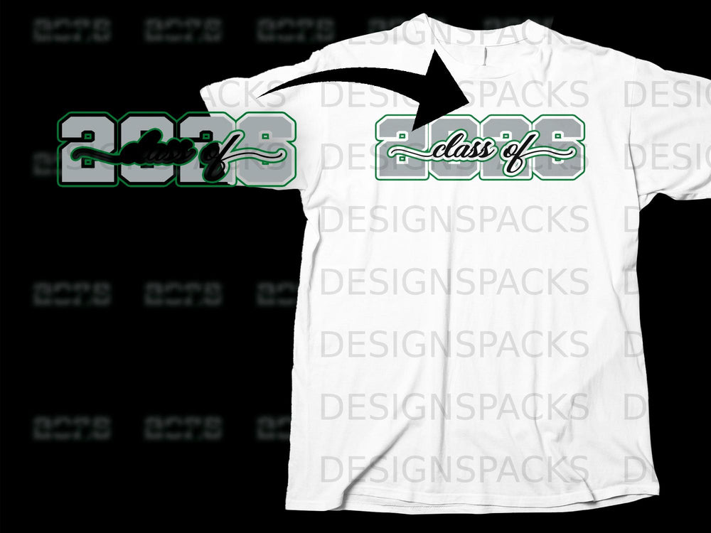 White t-shirt with "class of 2028" graphic in green and gray.