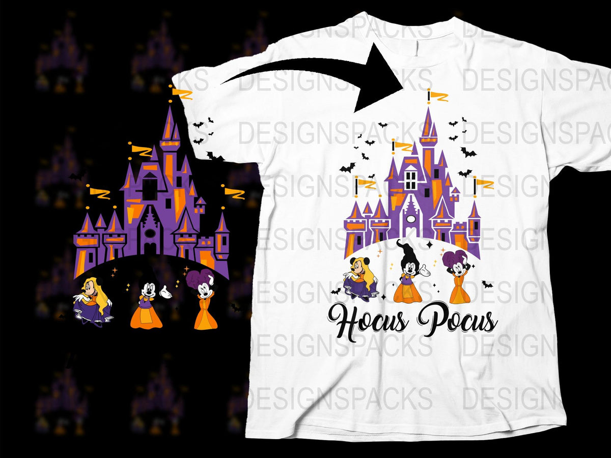 Hocus Pocus Halloween T-Shirt, Disney Castle, Witch Mickey Mouse Design, Unisex Adult and Kids Sizes