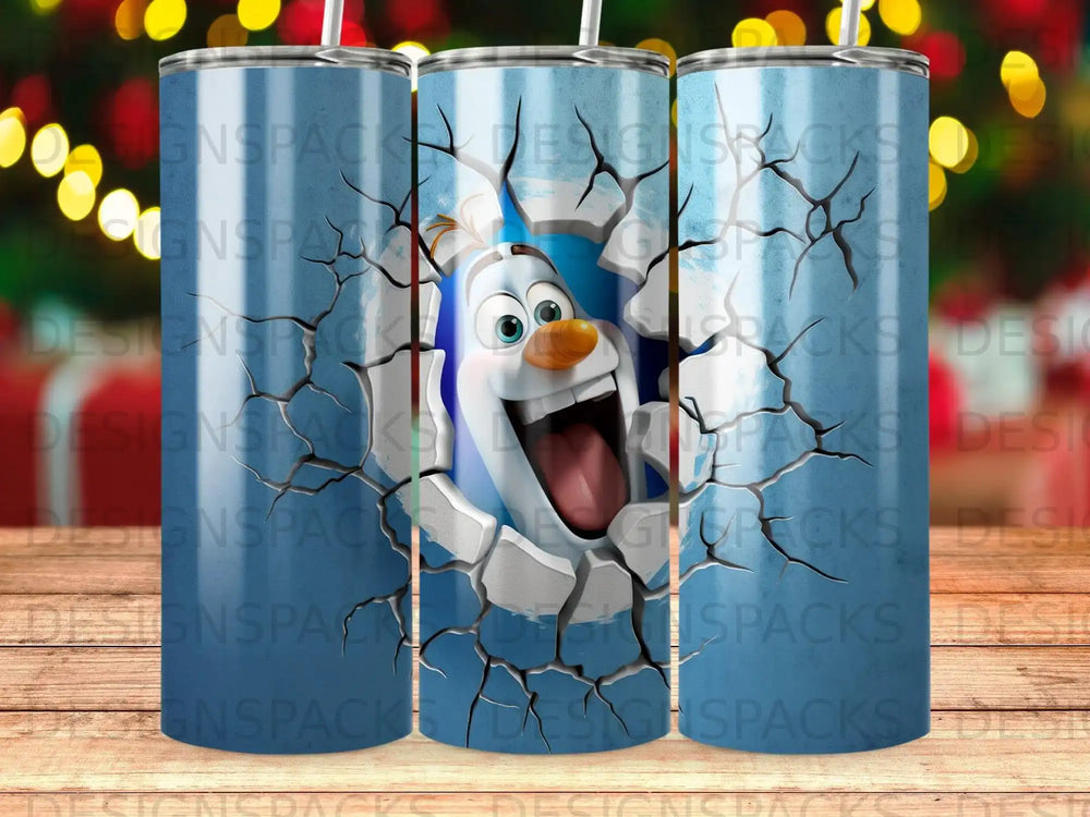 Olaf the snowman bursting through a cracked blue background.