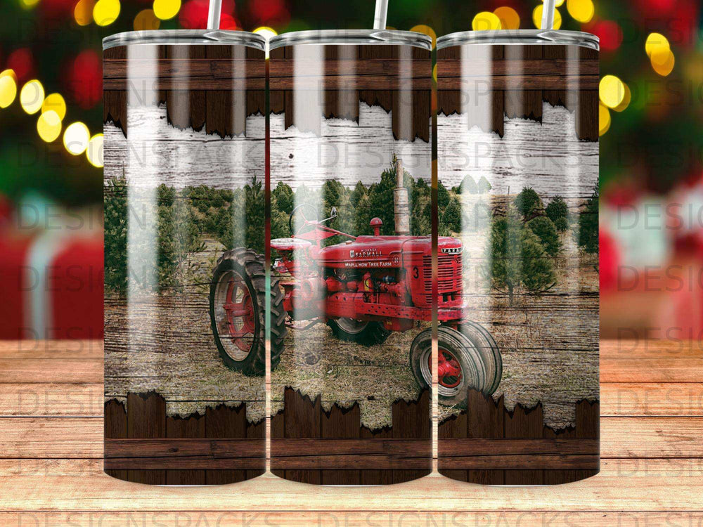 Red Farmall tractor with "Maple Row Tree Farm" text on a wood background.
