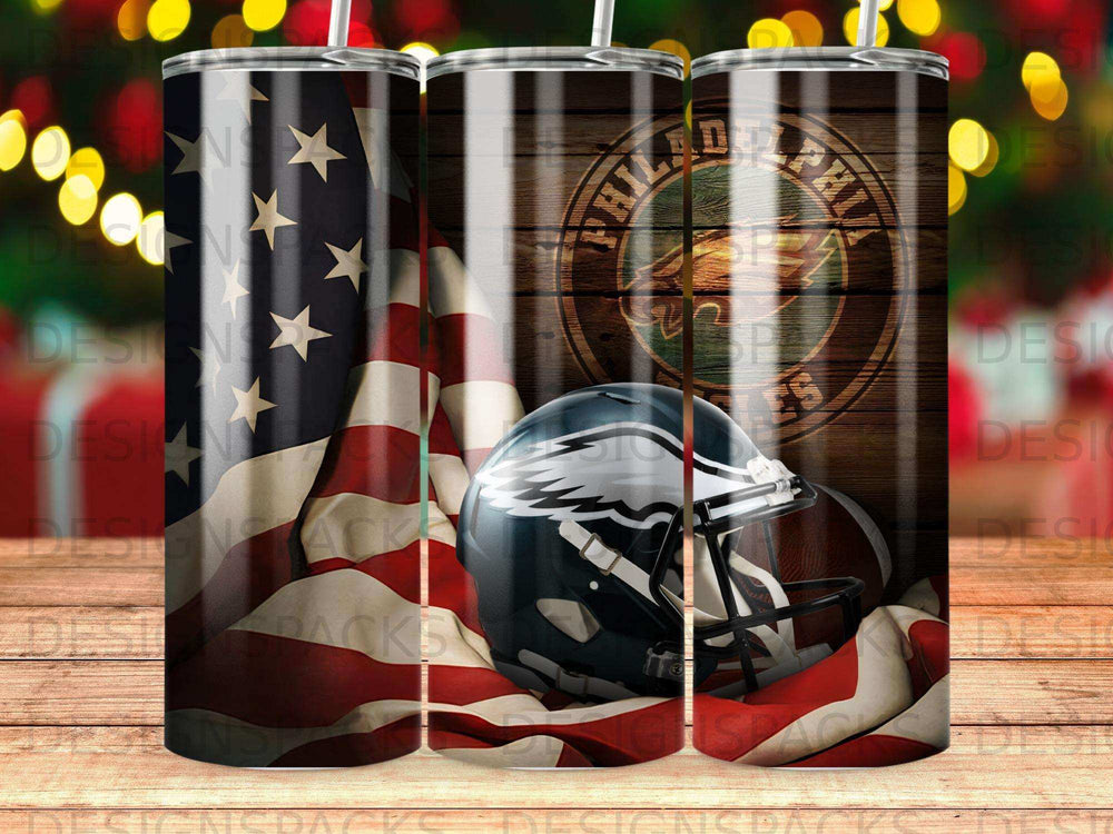 Philadelphia Eagles helmet and football on rustic American flag.