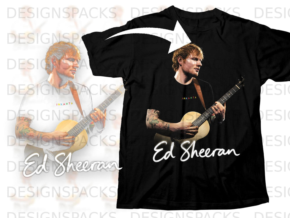 Black t-shirt featuring Ed Sheeran playing guitar with "Ed Sheeran" text.