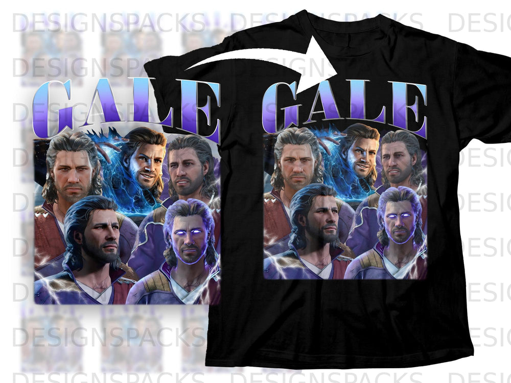 Black t-shirt with the text GALE GALE and a collage of men.