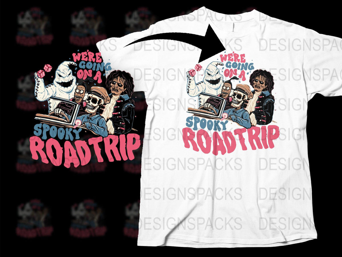 Spooky Roadtrip T-Shirt, Halloween Horror Friends Graphic Tee, Unisex White Cotton Shirt