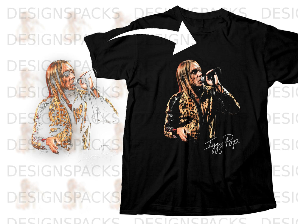 Black t-shirt with a graphic of Iggy Pop singing into a microphone.