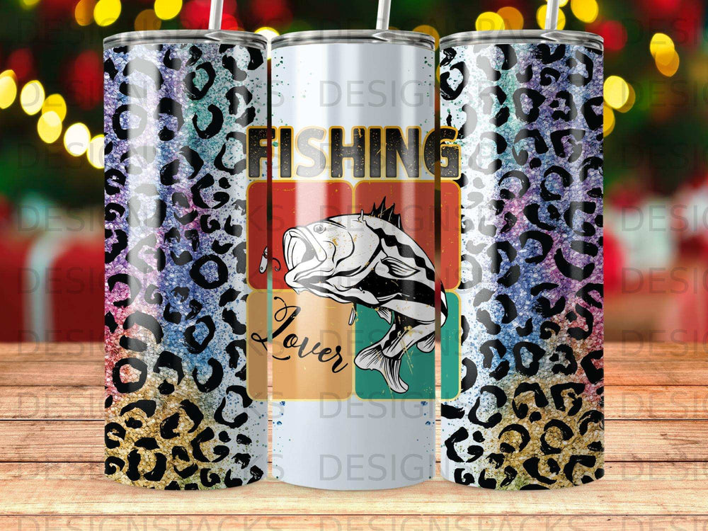Sublimation tumbler wrap with leopard print and fish graphic.