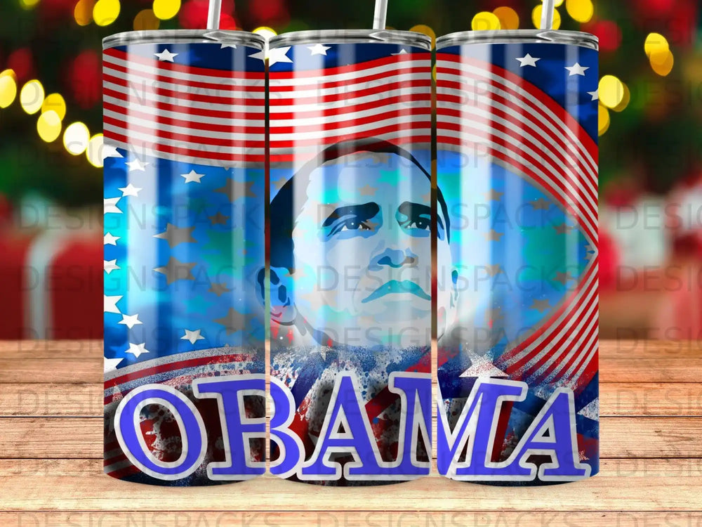 Barack Obama portrait on USA flag tumbler with "OBAMA" text.