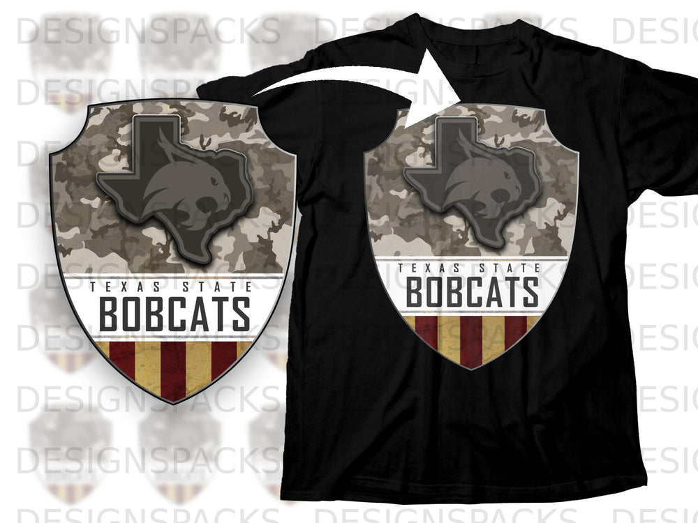 Texas State Bobcats emblem on a black t-shirt with camouflage and striped design.