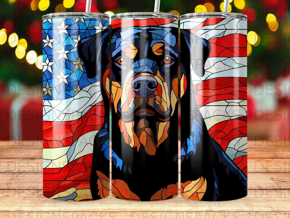 Rottweiler portrait on a tumbler with an American flag stained-glass design.