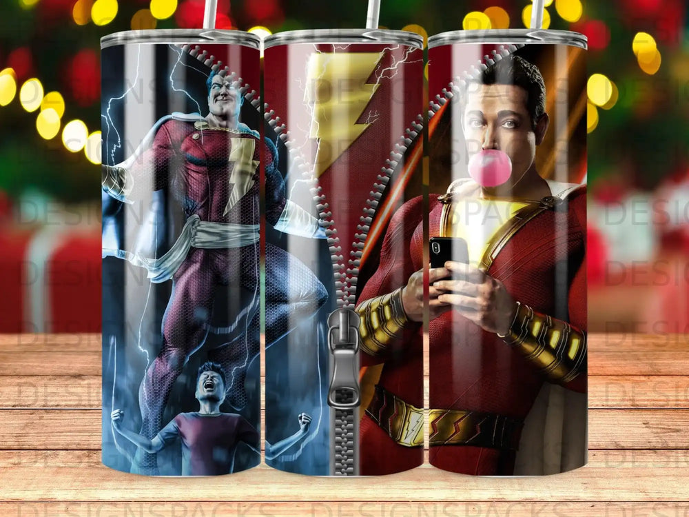 Shazam superhero in red costume zips open revealing another Shazam superhero.