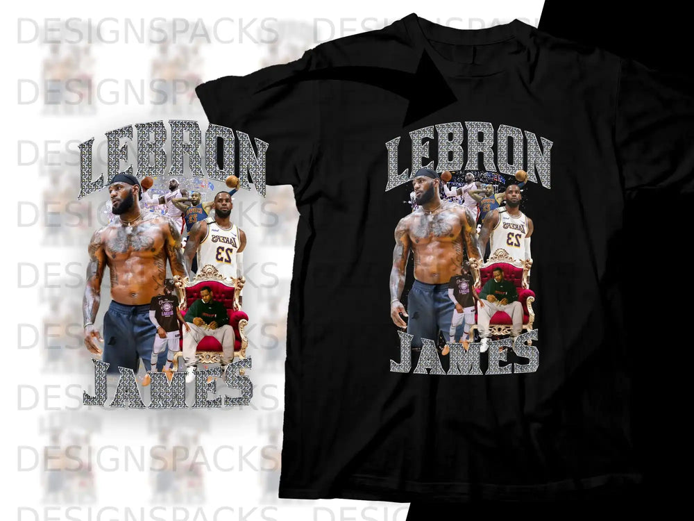 T-shirt featuring LeBron James with "LEBRON JAMES" text and Lakers imagery.