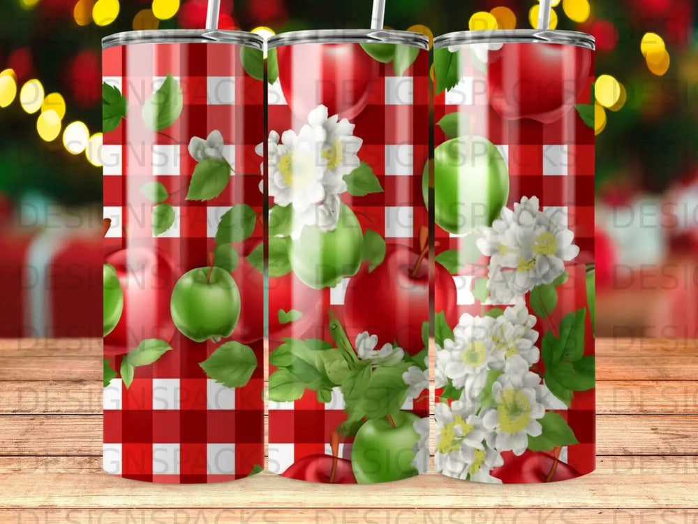 Red and white gingham pattern with green apples and white blossoms.