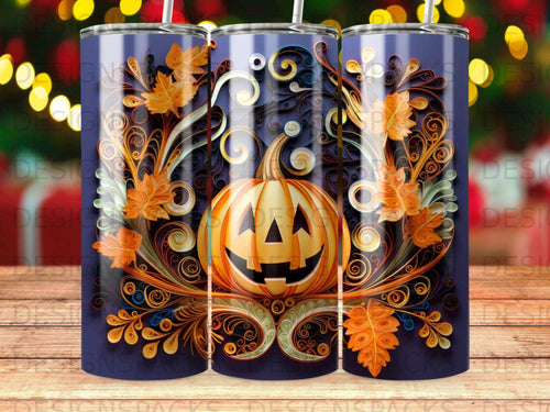 Jack-o'-lantern with swirling autumn leaves and ornate decorative elements.