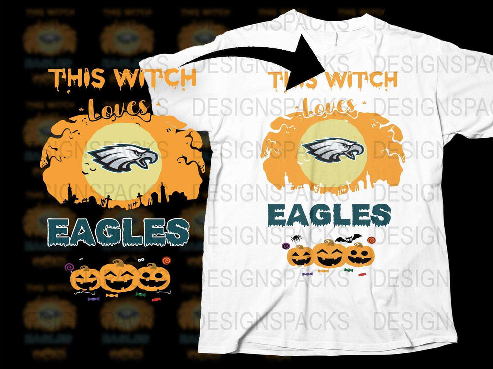 Witch Loves Eagles Halloween T-Shirt | Spooky Fall Season Graphic Tee | Pumpkin and Football Design | Casual Fan Apparel