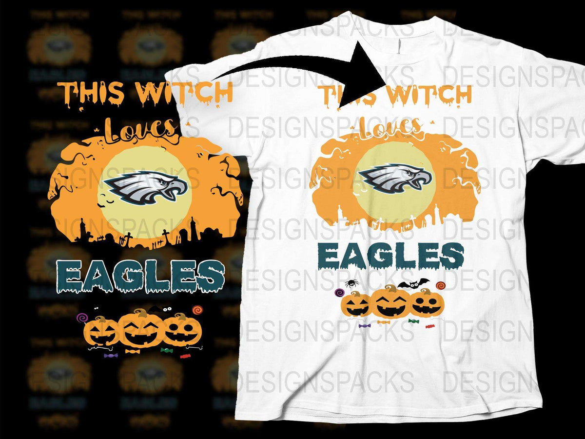 Witch Loves Eagles Halloween T-Shirt | Spooky Fall Season Graphic Tee | Pumpkin and Football Design | Casual Fan Apparel