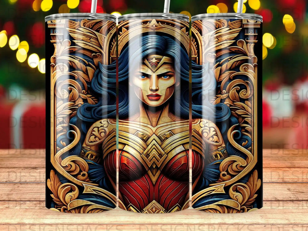 Wonder Woman bust with ornate gold and blue details on a patterned tumbler.