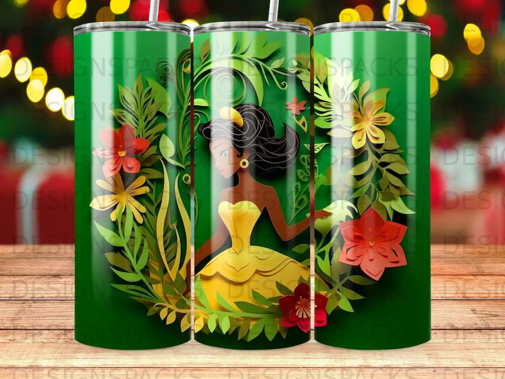 Woman in yellow dress surrounded by green foliage and red flowers.