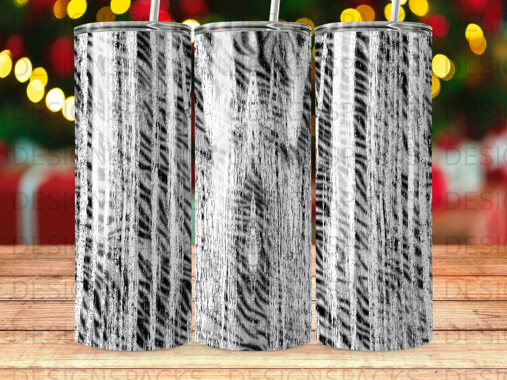 Three tumblers with a black and white striped wood grain pattern.