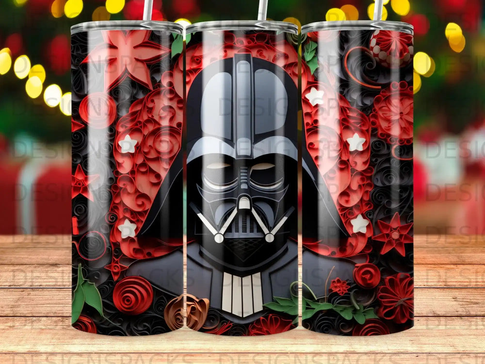Darth Vader on a tumbler with a red floral and star pattern.