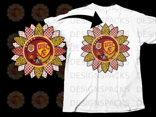 Sunflower design with USC Trojans logo and football helmet on white t-shirt.