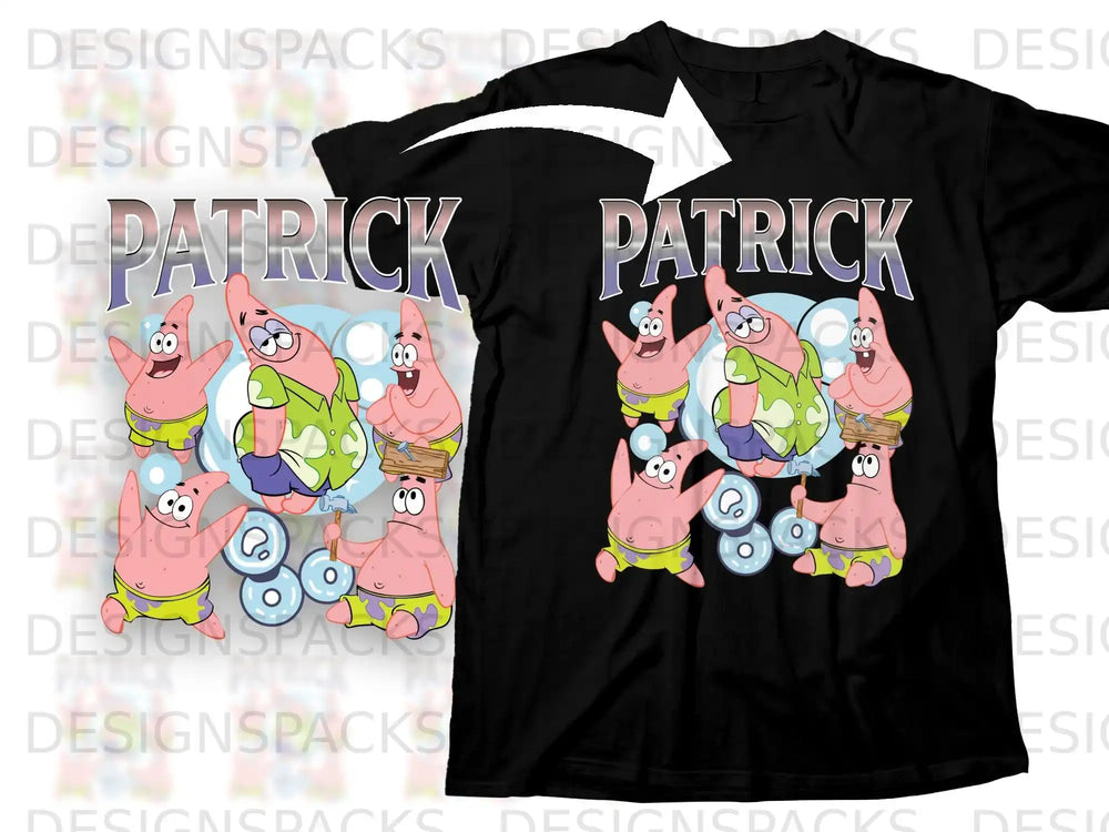 Black t-shirt with SpongeBob SquarePants character "Patrick" graphic.
