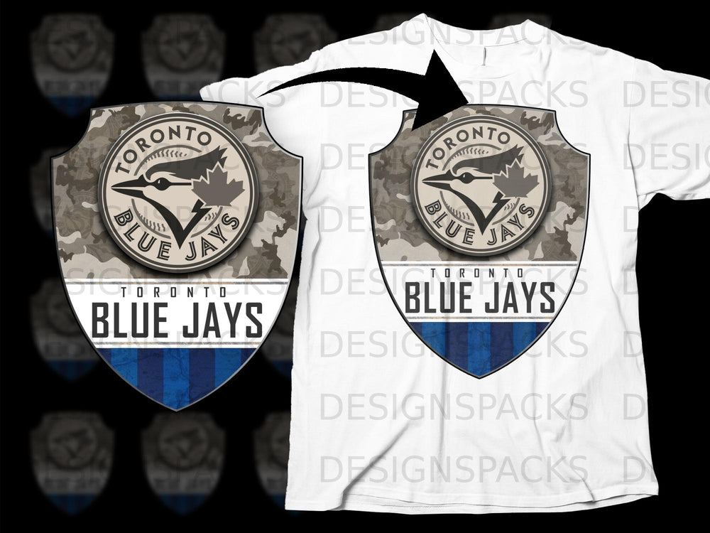 Toronto Blue Jays shield logo with camouflage and blue stripes on a white t-shirt.