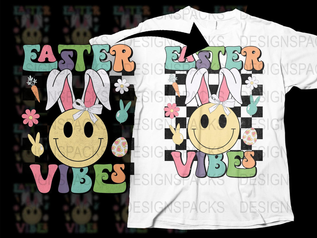 Easter Vibes T-Shirt, Smiley Face Bunny Ears, Colorful Spring Flowers, Holiday Apparel