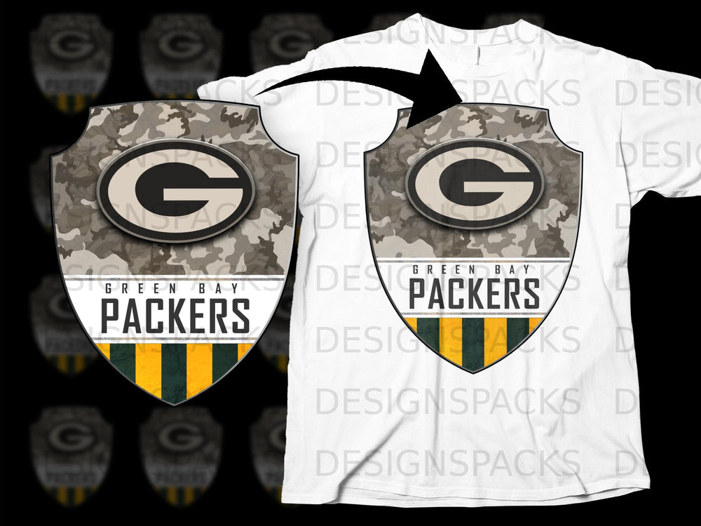 Green Bay Packers logo with camouflage shield on a white t-shirt.
