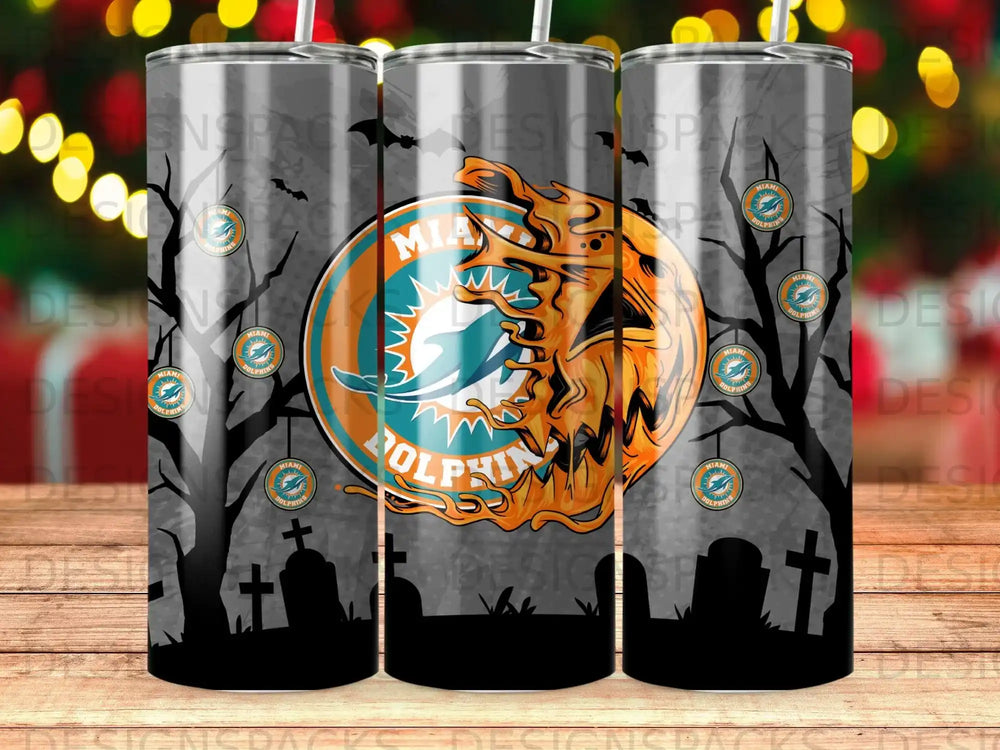 Miami Dolphins logo on a Halloween-themed tumbler with trees and gravestones.