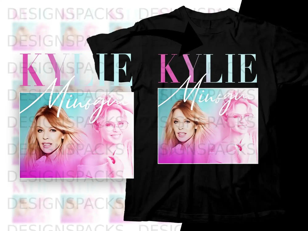 Kylie Minogue portrait with "KYLIE" text on a black t-shirt.