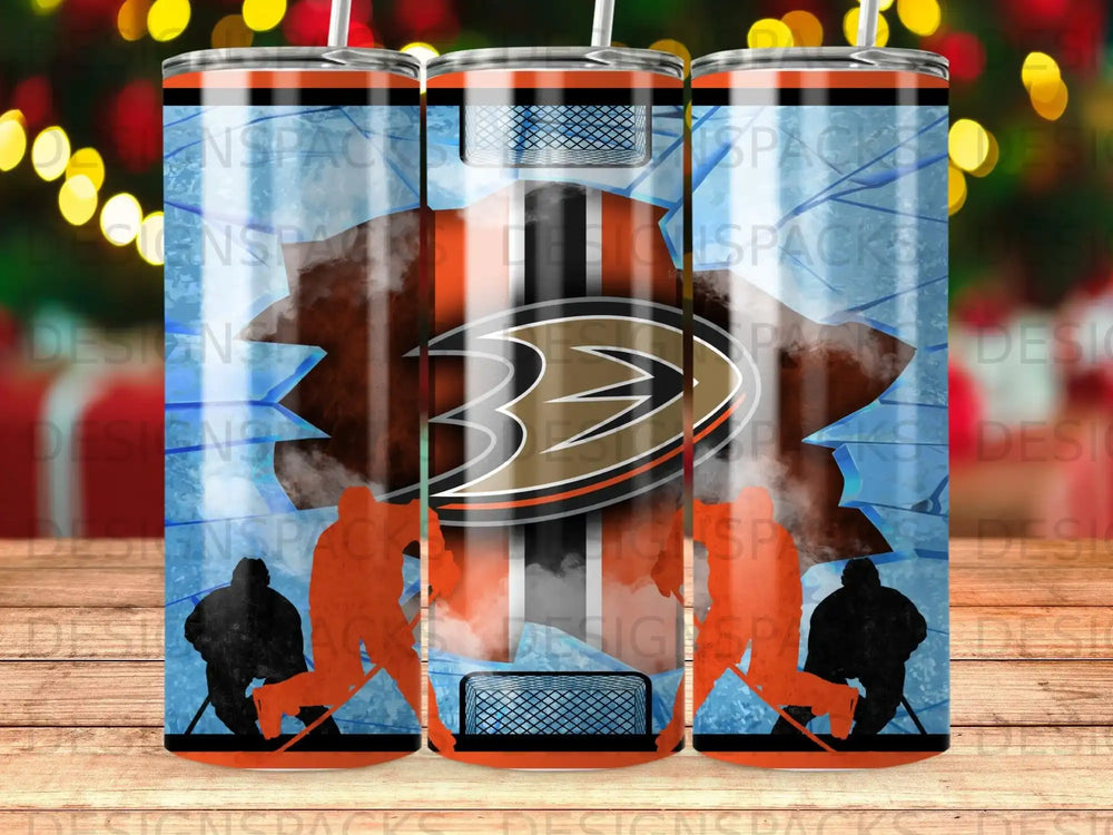 Anaheim Ducks logo with hockey players and net on a tumbler design.