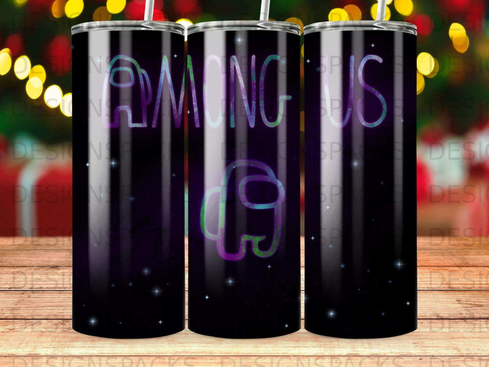 Among Us tumbler with blue and purple astronaut and colorful text on black background.