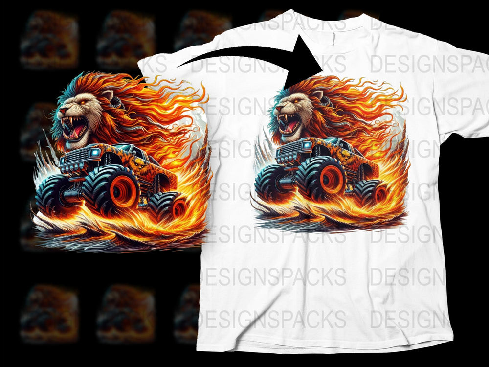 Men's Graphic T-Shirt with Fiery Lion Monster Truck Design, Bold Colorful Casual Tee